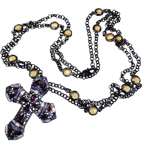 Real Collectibles by Adrienne Glass Rhinestone Cross Pendant Necklace Purple 50" - Picture 5 of 13